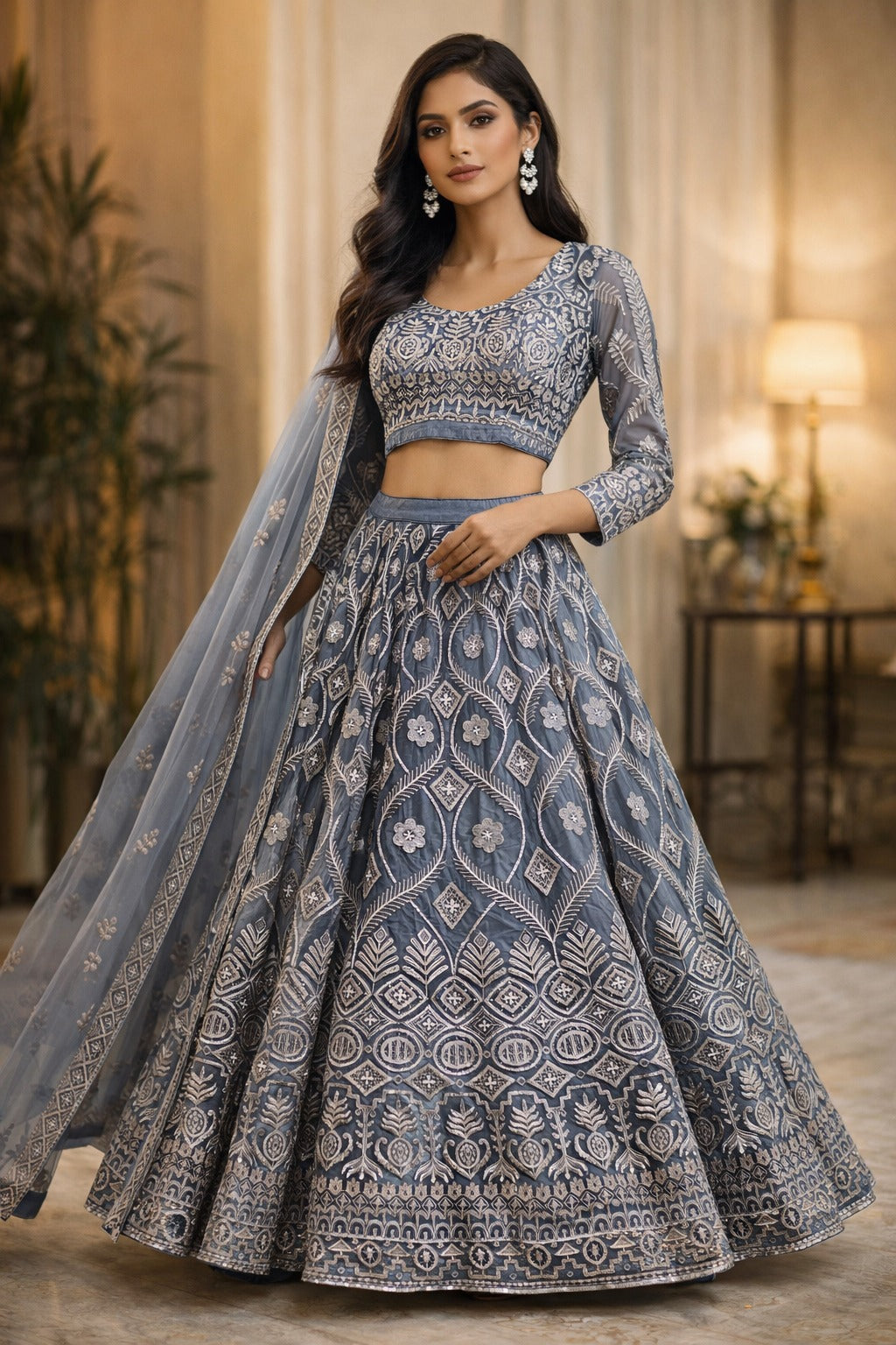 Dusty blue  embroidered net lehenga with net dupatta
