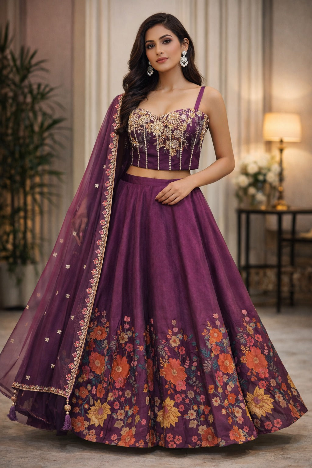 Wine color silk lehenga with blouse and dupatta