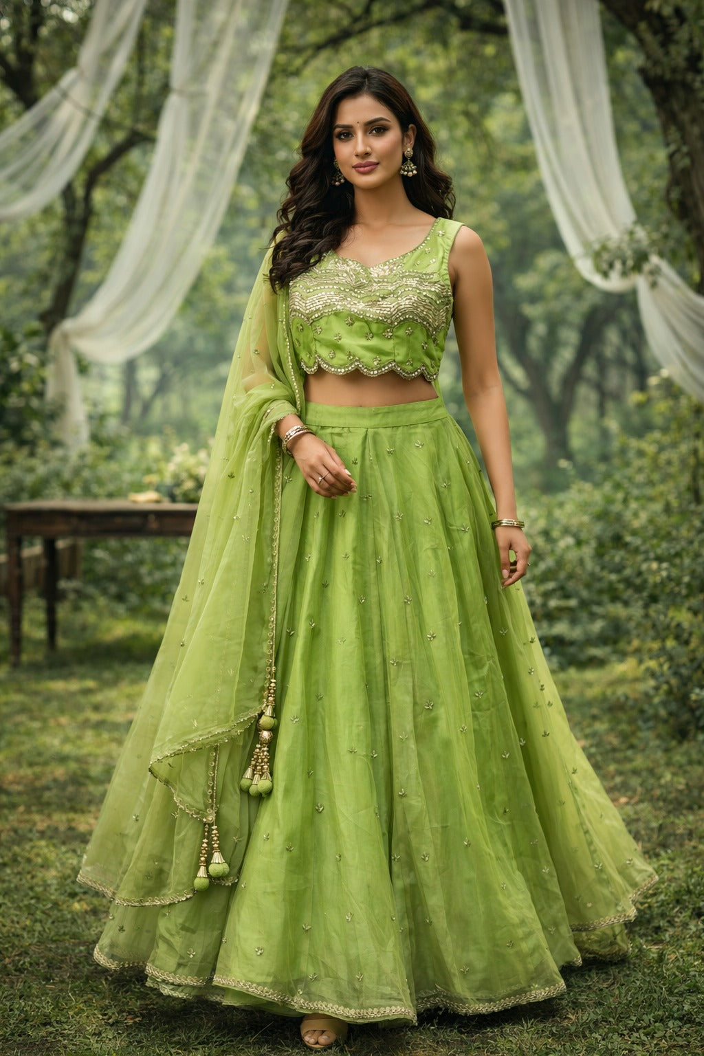 Lime green net lehenga