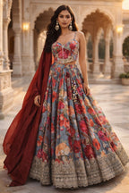 Multi color floral print crafted with choli and dupatta.