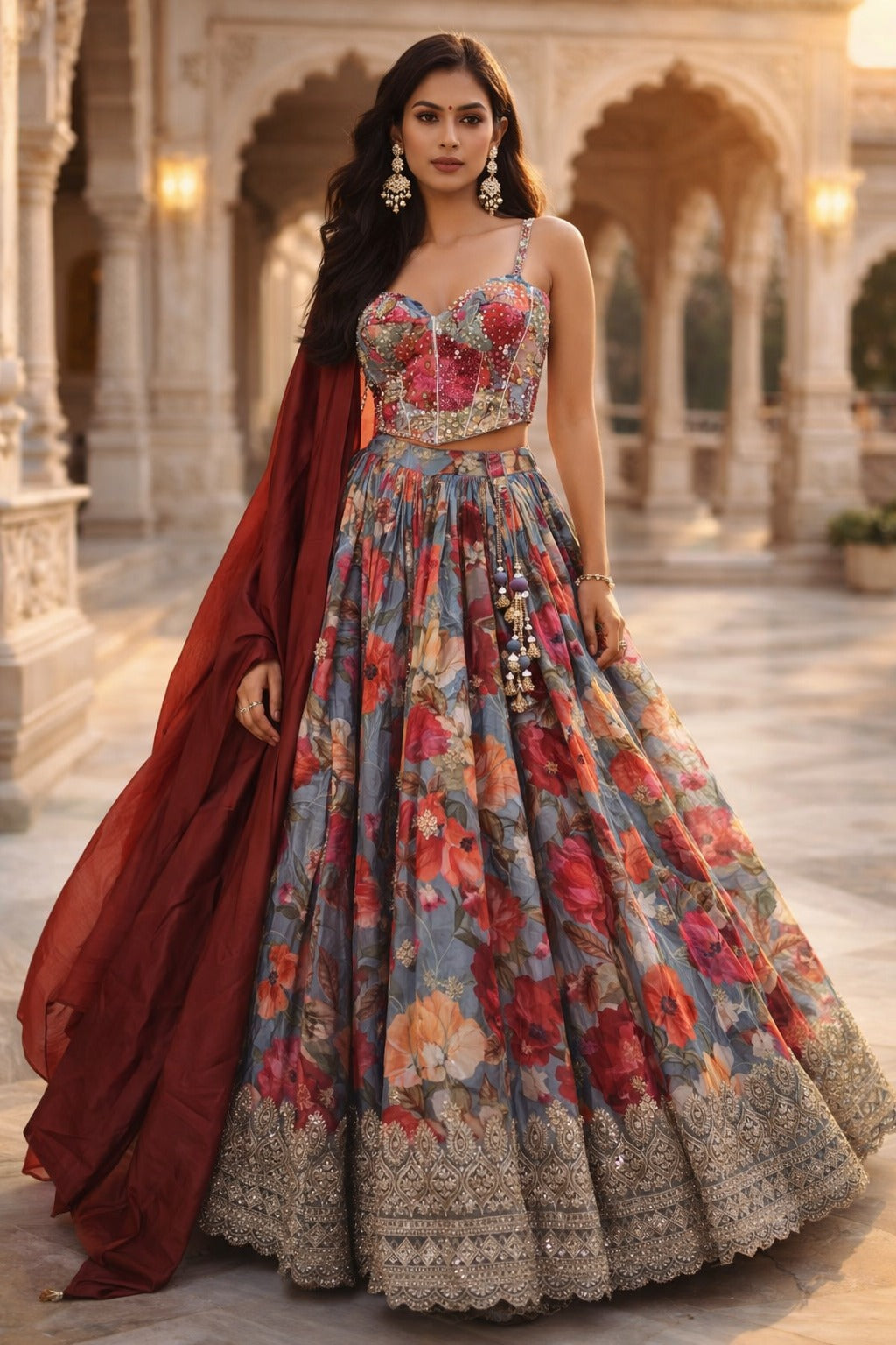 Multi color floral print crafted with choli and dupatta.