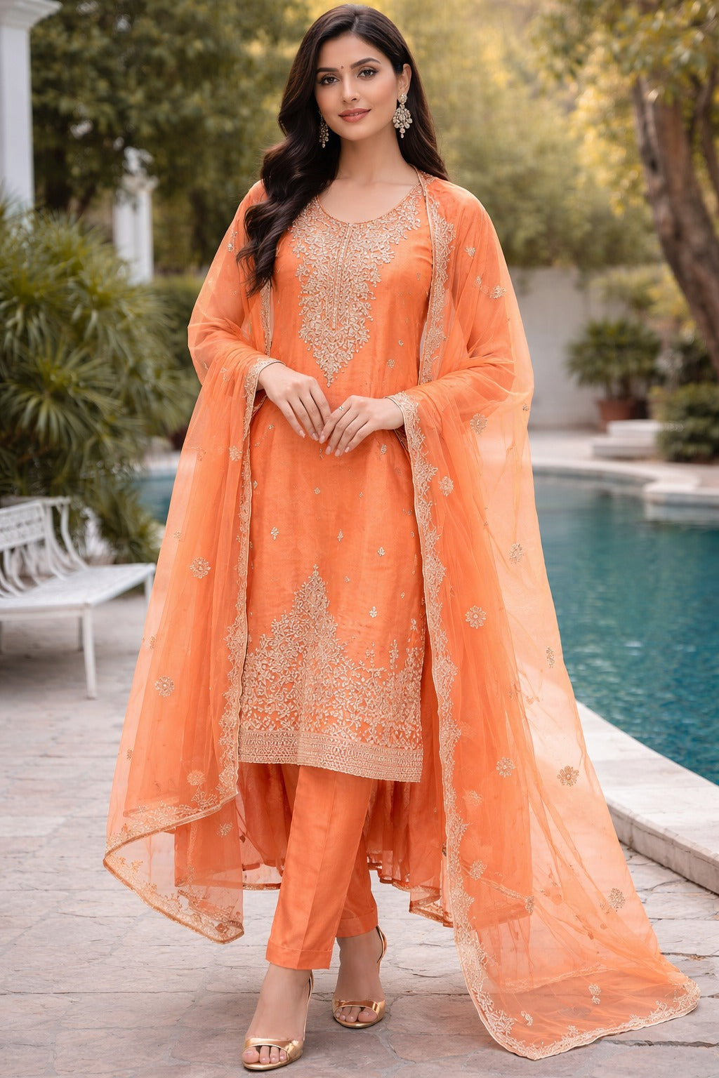 Carrot Heavy Embroidered Kurta Set with Dupatta