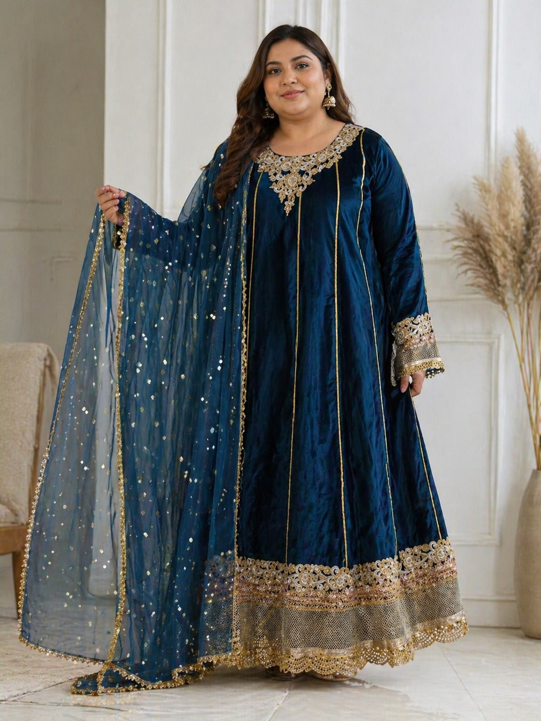 Luxury Royal Blue Heavy Zari Embroidered Anarkali Gown with Net Dupatta Main image