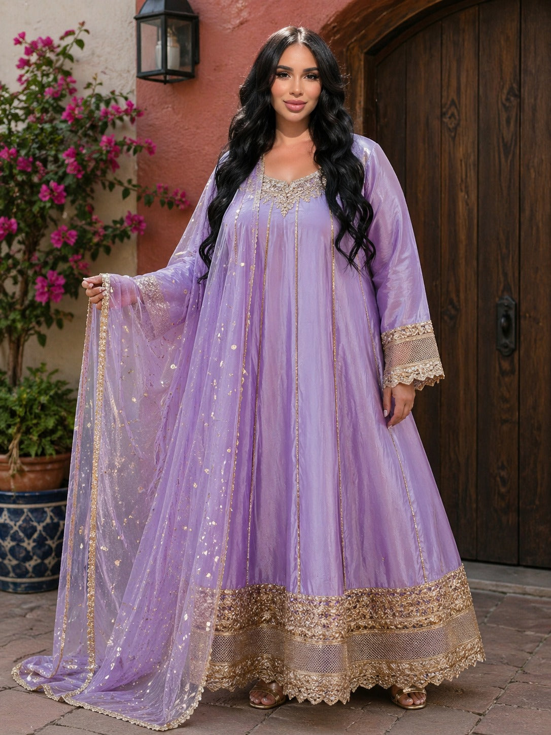 Plus Size Purple Crape Silk Anarkali with Heavy Zari Border