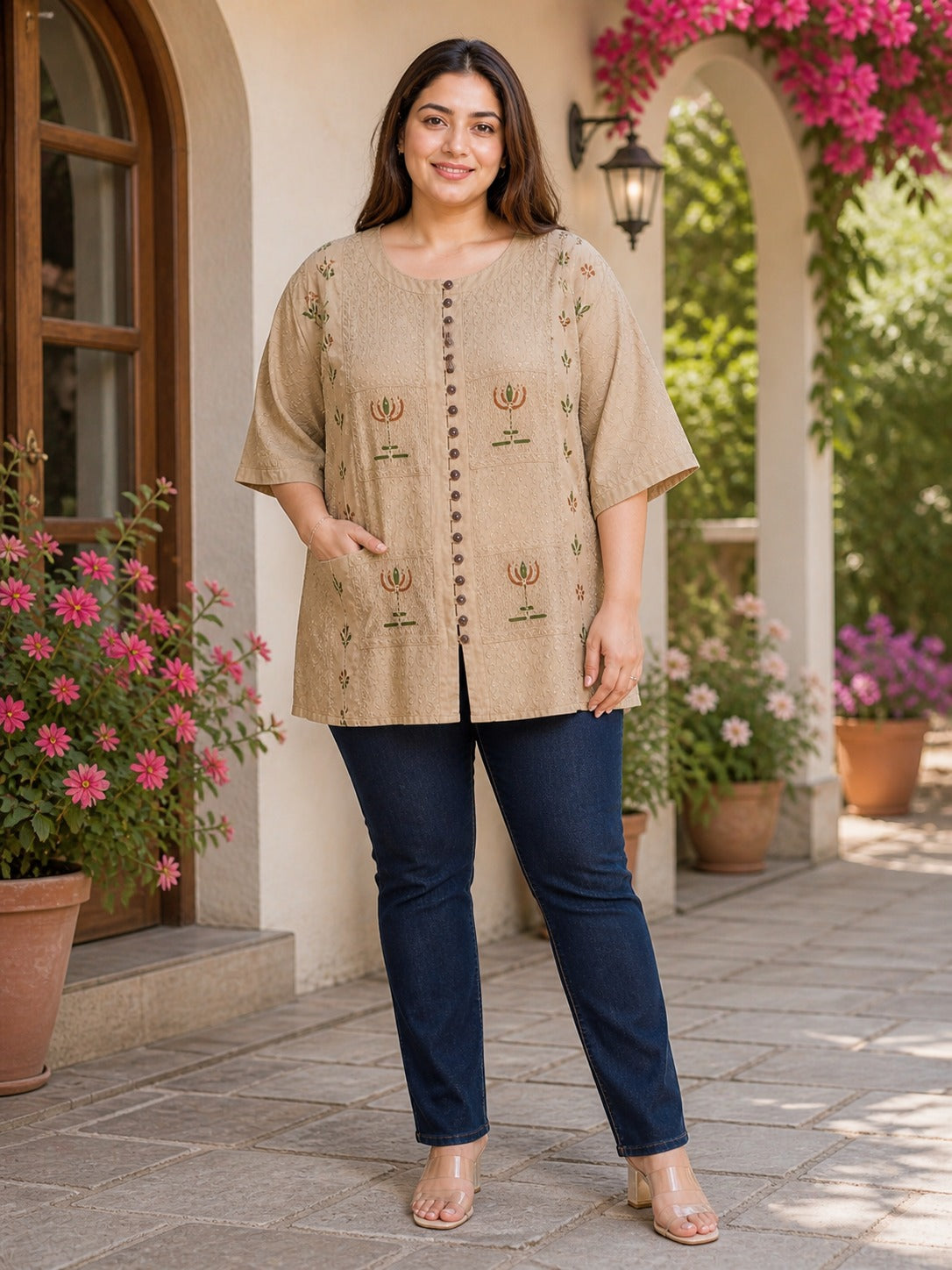 Casual Wear Light Brown Rayon Blouse with Multi Color Embroidery