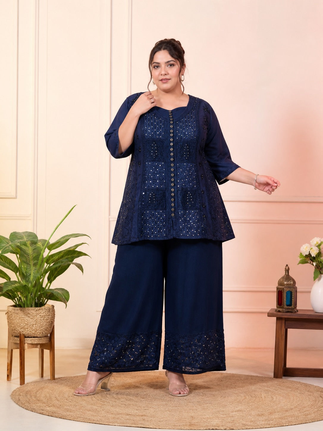 Dark Navy Blue Soft Rayon Tunic with Embroidery & Sequence Work