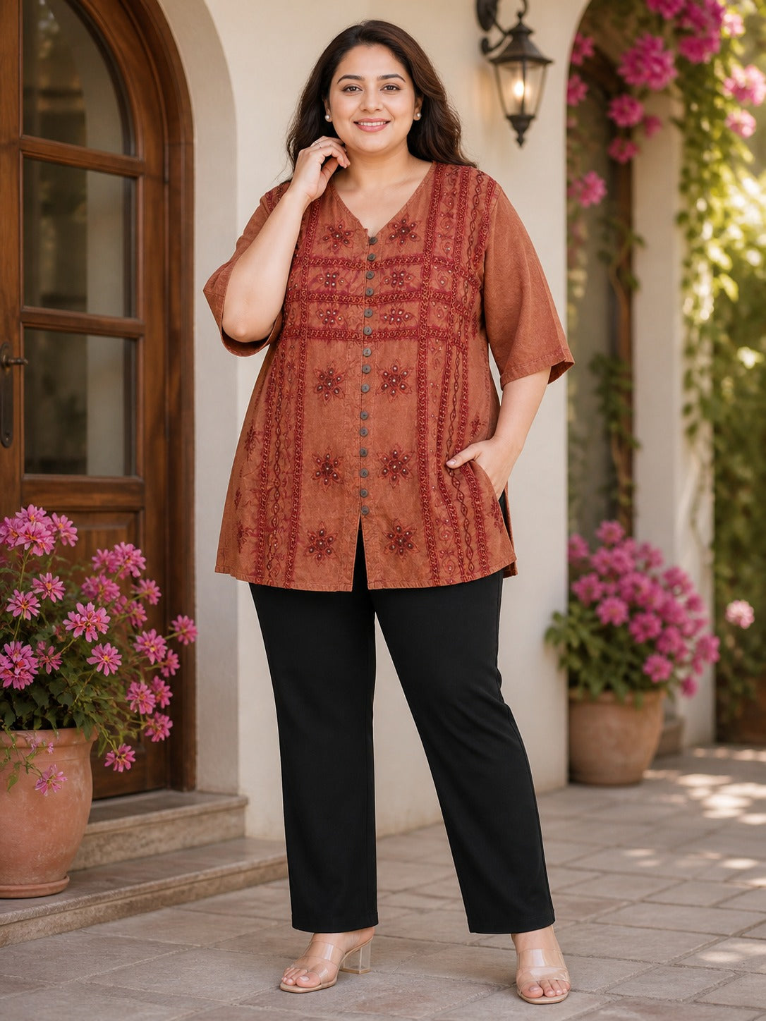 Brown Embroidered Rayon Casual Wear Tunic for Women