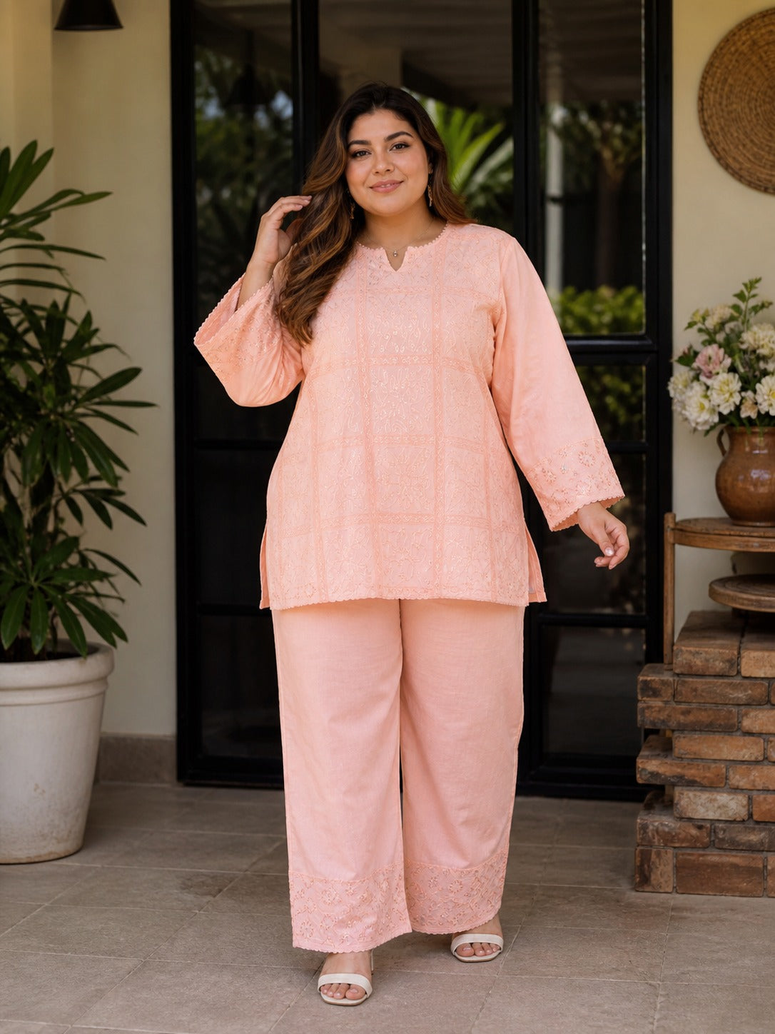 Peach Shaded Rayon Casual Wear Tunic with Embroidery & Sequence Work Main image