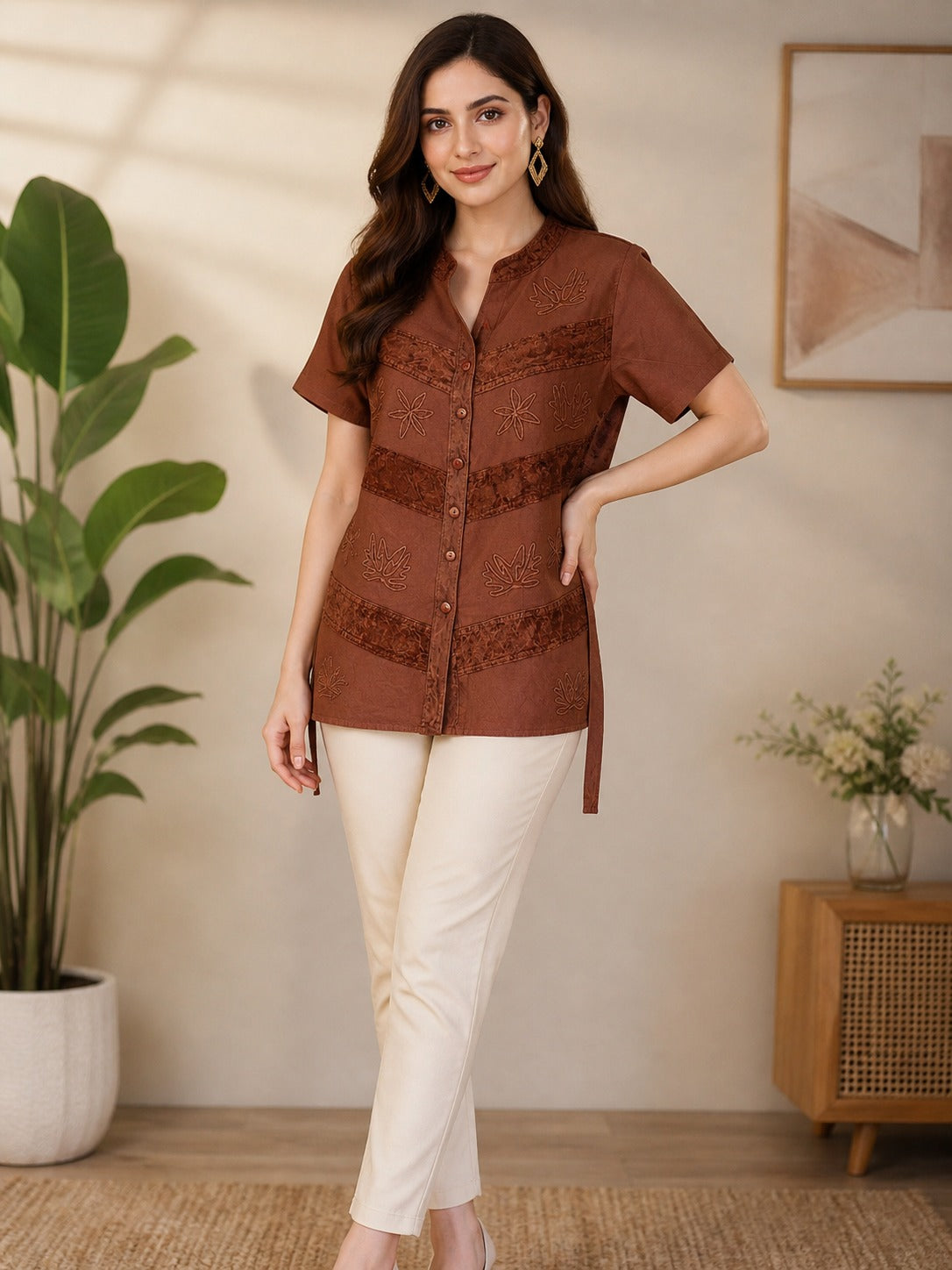 Dark Maroon Rayon Tunic with Velvet Embroidered Border