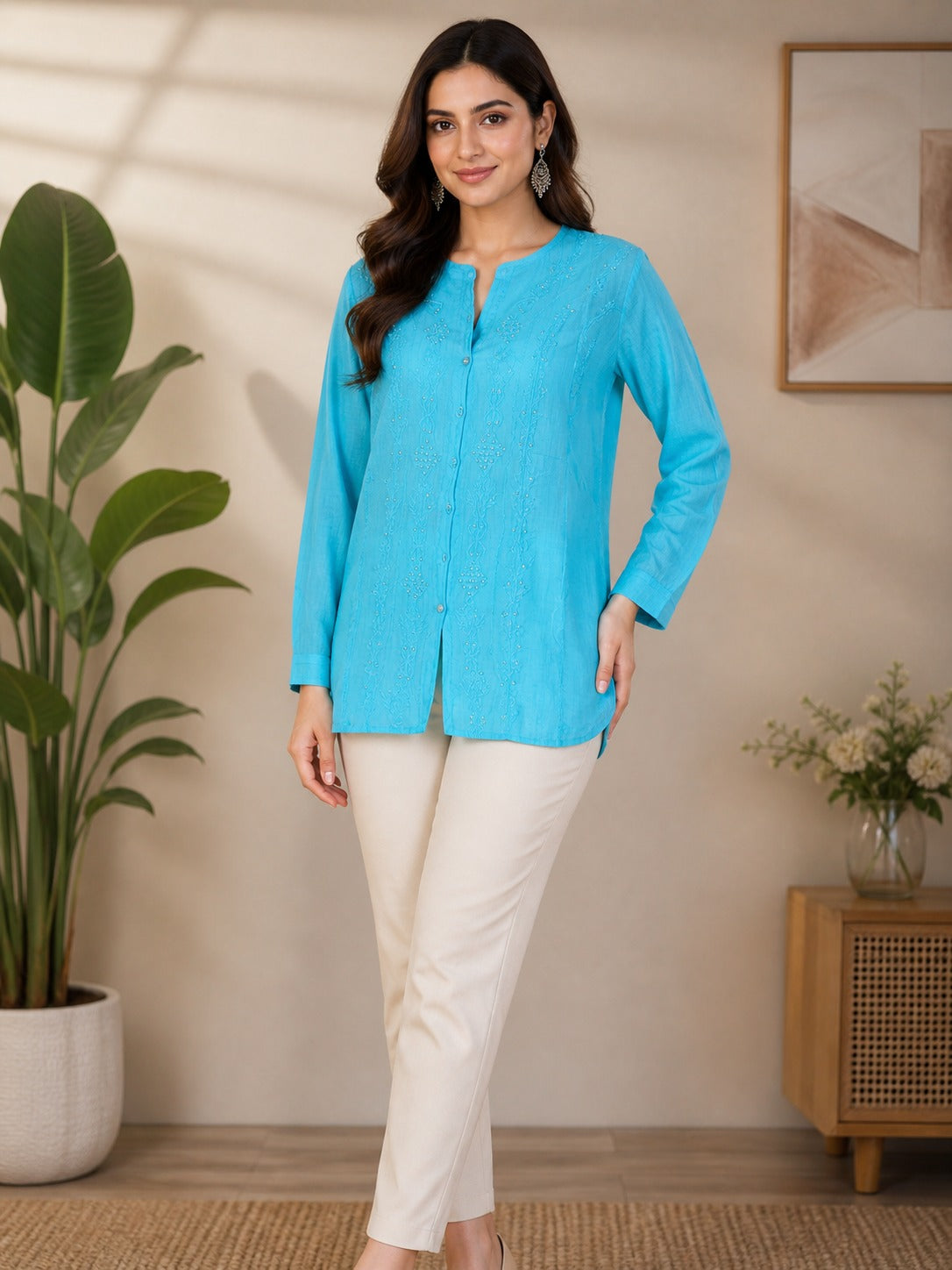 Beautiful Turquoise Blue Tunic with Embroidery, Beads & Sequence Work