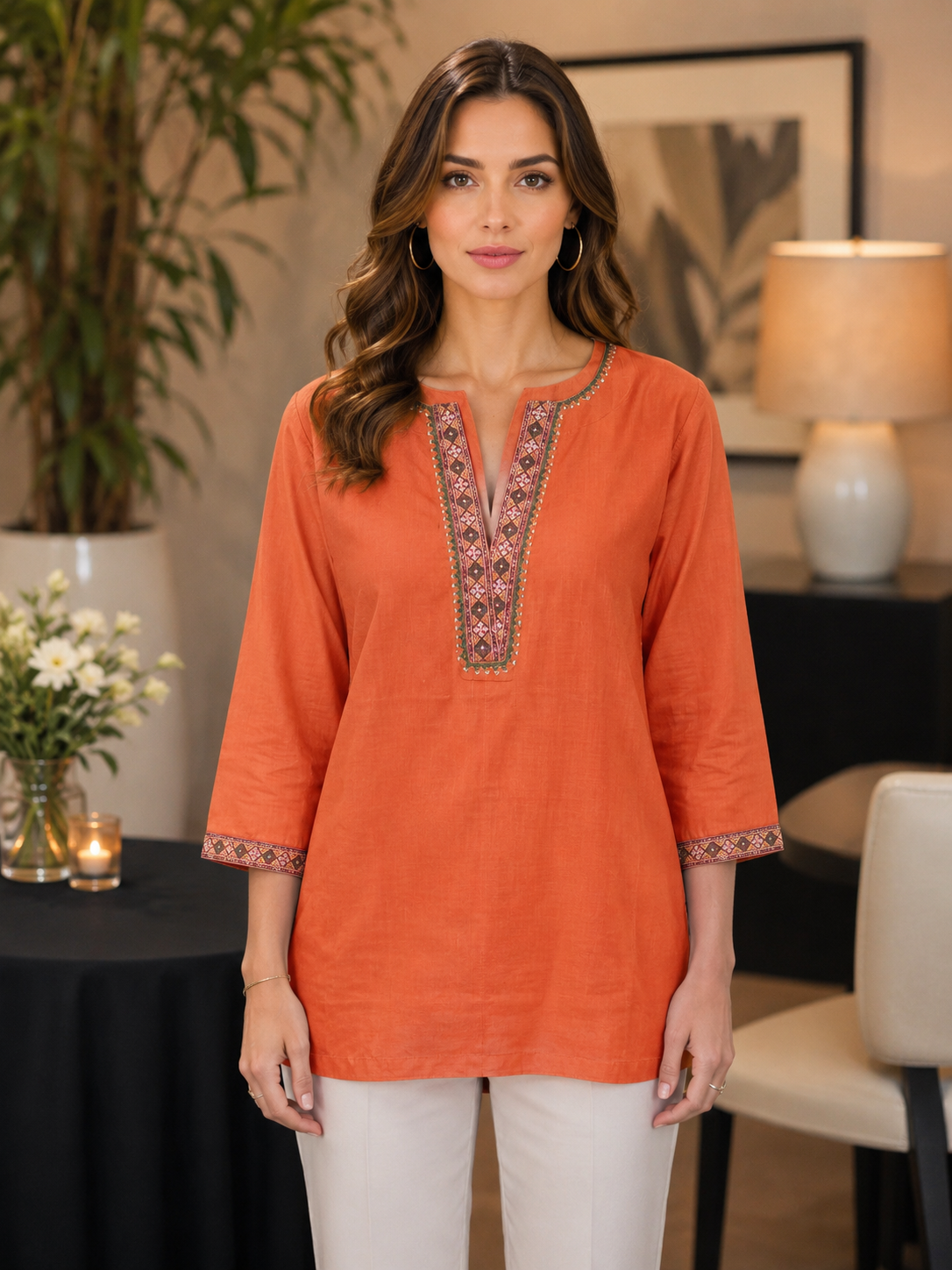 Rust Orange Cotton Tunic with Embroidered Neckline & 3/4 Sleeves Main image