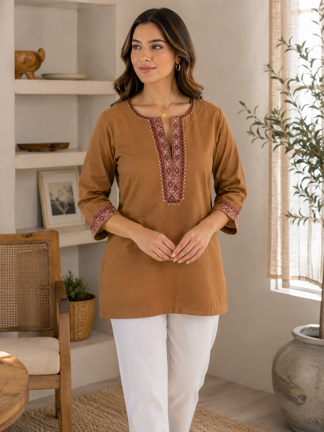 Brown Cotton Tunic for Women – Casual Ethnic Tunic Top with Sequence Border