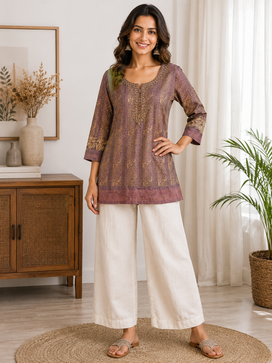 Dusty Purple Georgette Tunic for Women with Sequence & Stone Work