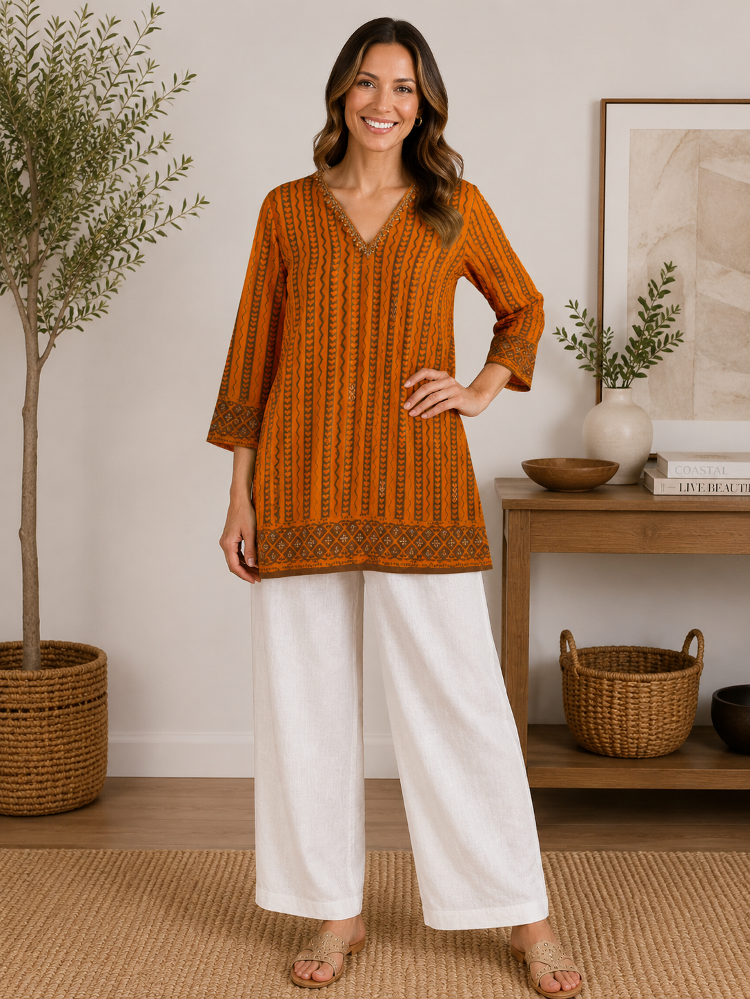 Mustard Pure Crape Tunic for Women with Zari & Sequence Work Main image