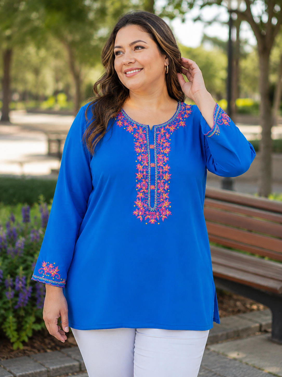 Royal Blue Faux Georgette Hand Embroidered Short Tunic