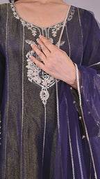 Elegant Midnight Navy Embroidered Anarkali Suit Set with Sheer Dupatta
