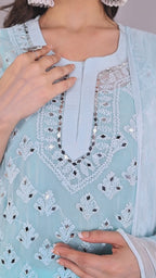 Light Blue Faux Georgette Sharara Set with Mirror & Thread Work for Women