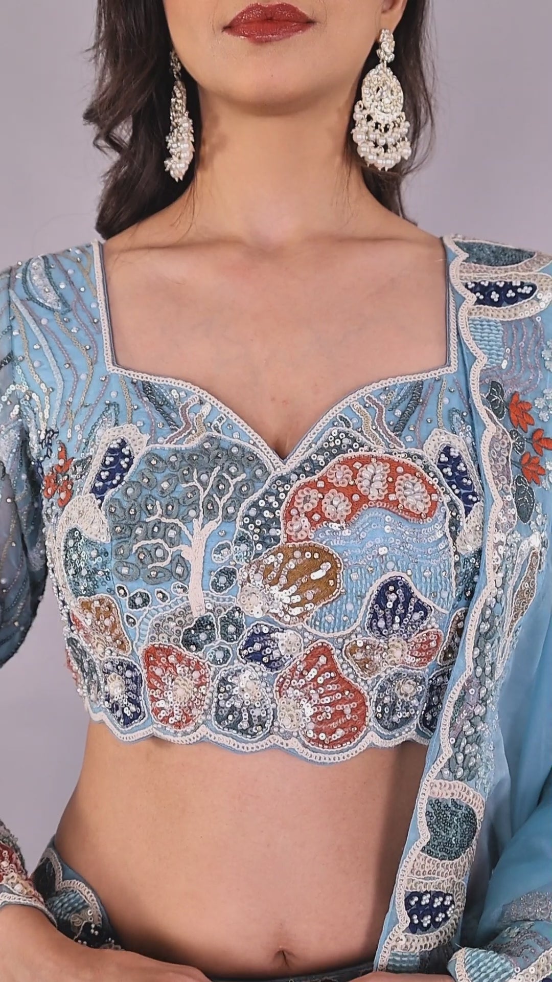 Luxury Aqua Blue Embroidered Lehenga Set with Multicolor Threadwork & Dupatta