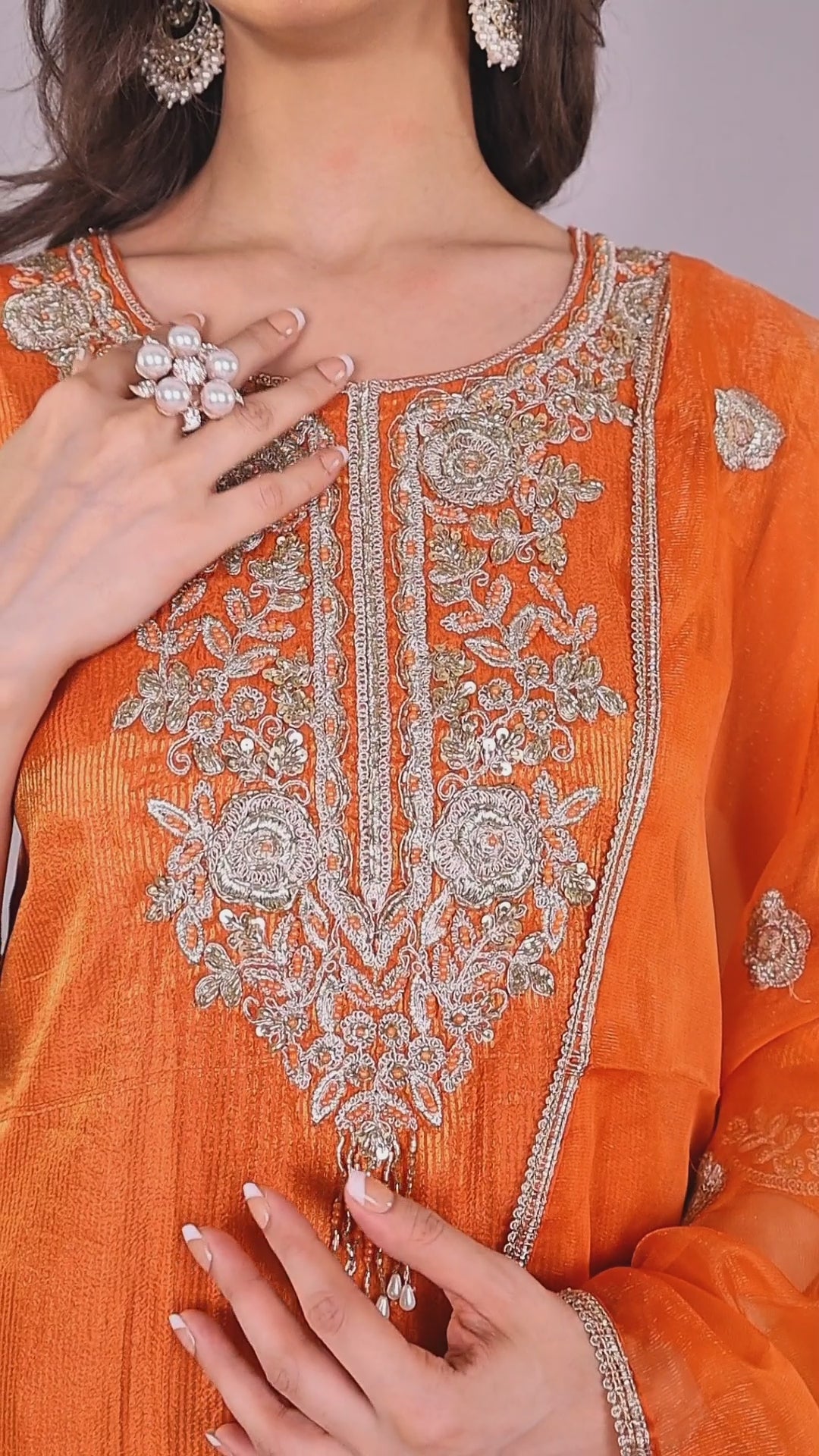 Carrot Heavy Embroidered Kurta Set with Dupatta