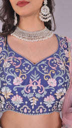 Gorgeous blue color silk lehenga designed with multi color