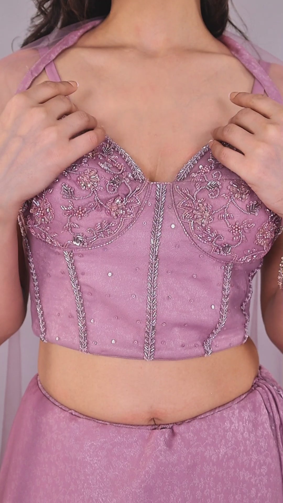 Elegant soft purple tissue lehenga with matching dupatta