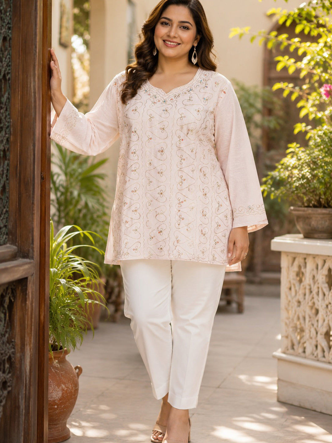Light Peach Embroidered Cotton Casual Wear Tunic Main image