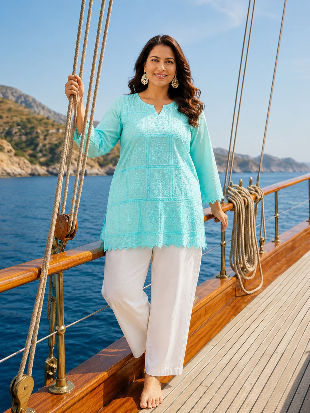 Shaded Aqua Blue Rayon Tunic with Heavy Embroidery & Sequence Work